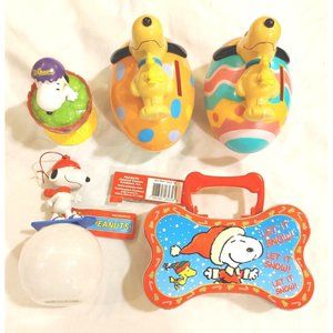 Whitman's And Galerie Peanuts Snoopy Woodstock Christmas Ornaments Coin Bank Tin